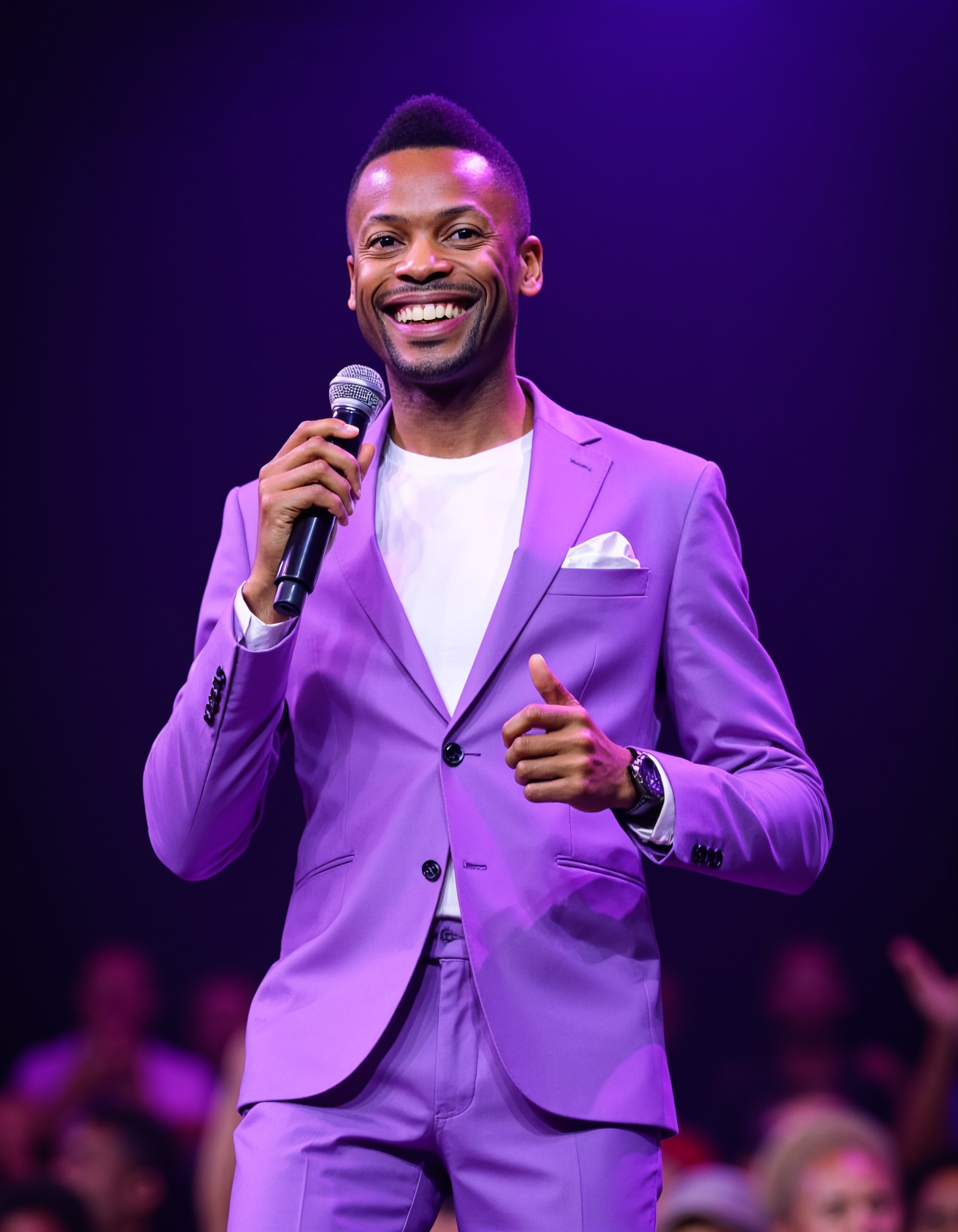 Smiling speaker in a lavender suit holding a microphone on a stage, with an audience behind him